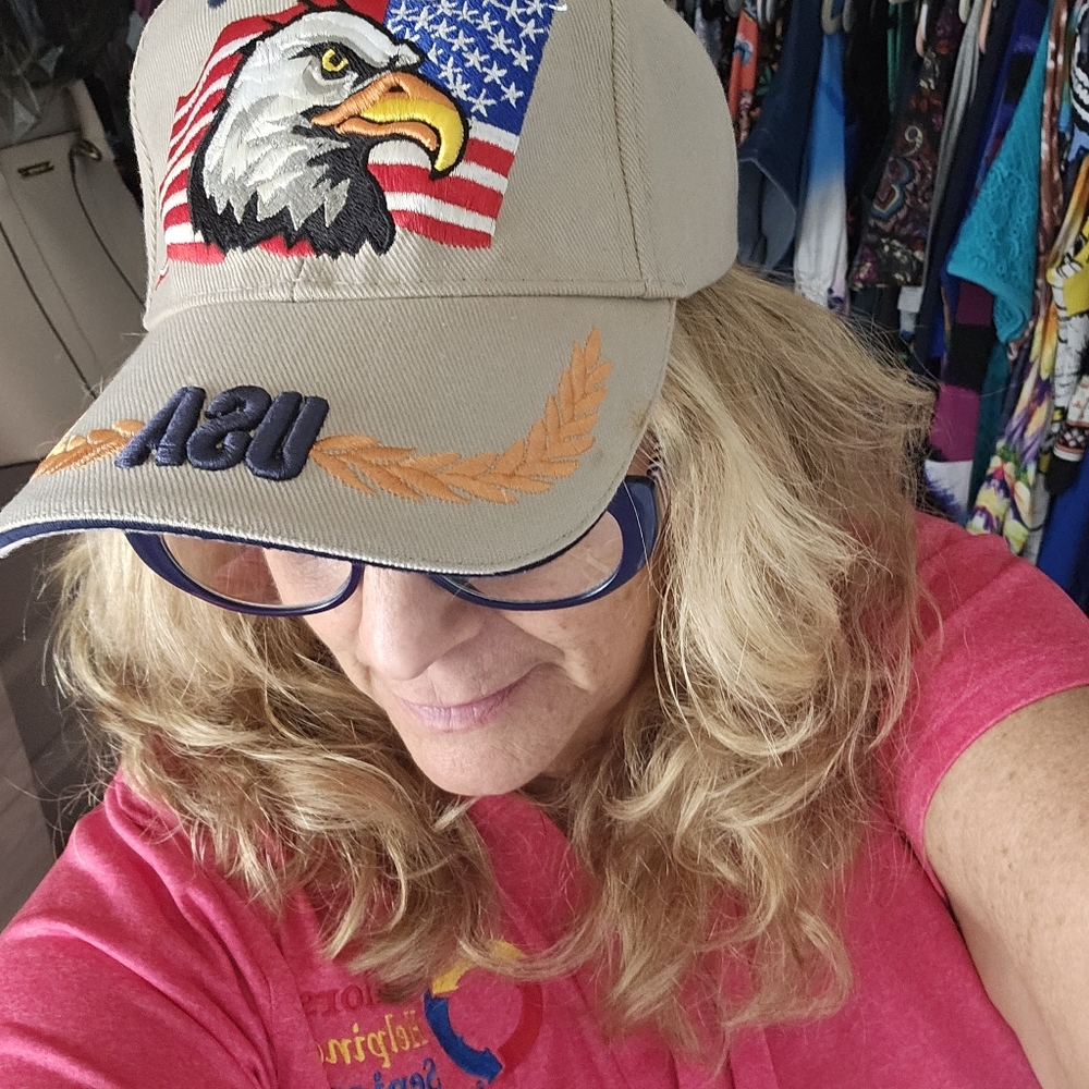 HUYU USA Ball Cap Beuge W Eagle & Flag OS Adj Fit Embroidered Edge